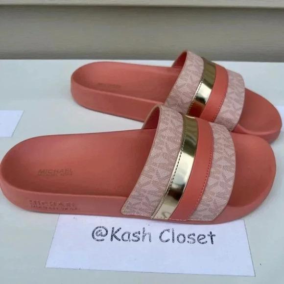 Michael Kors Brandy Metallic Striped Logo Slide Sandal- Sherbert - Picture 1 of 6